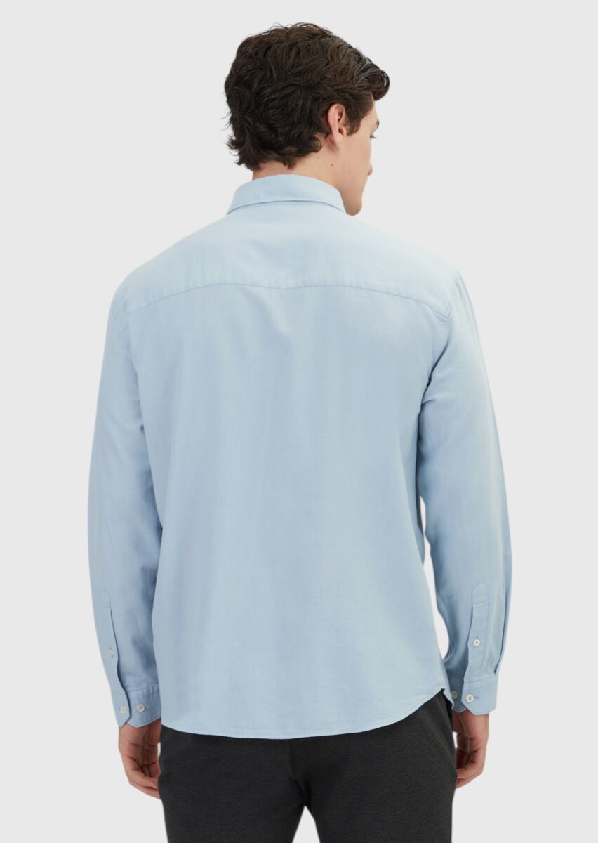 Blue Plain Loose Fit Weaving Casual Wool Blended Shirt - 5