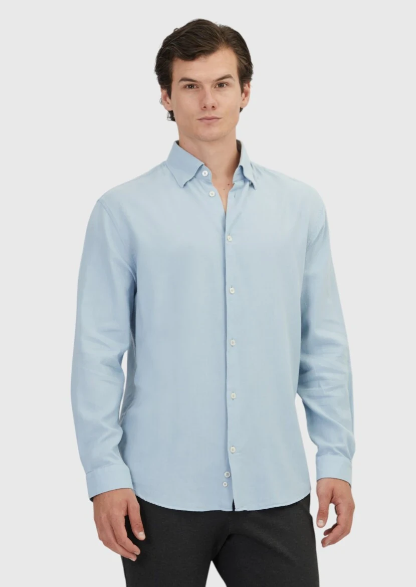 Blue Plain Loose Fit Weaving Casual Wool Blended Shirt - 1