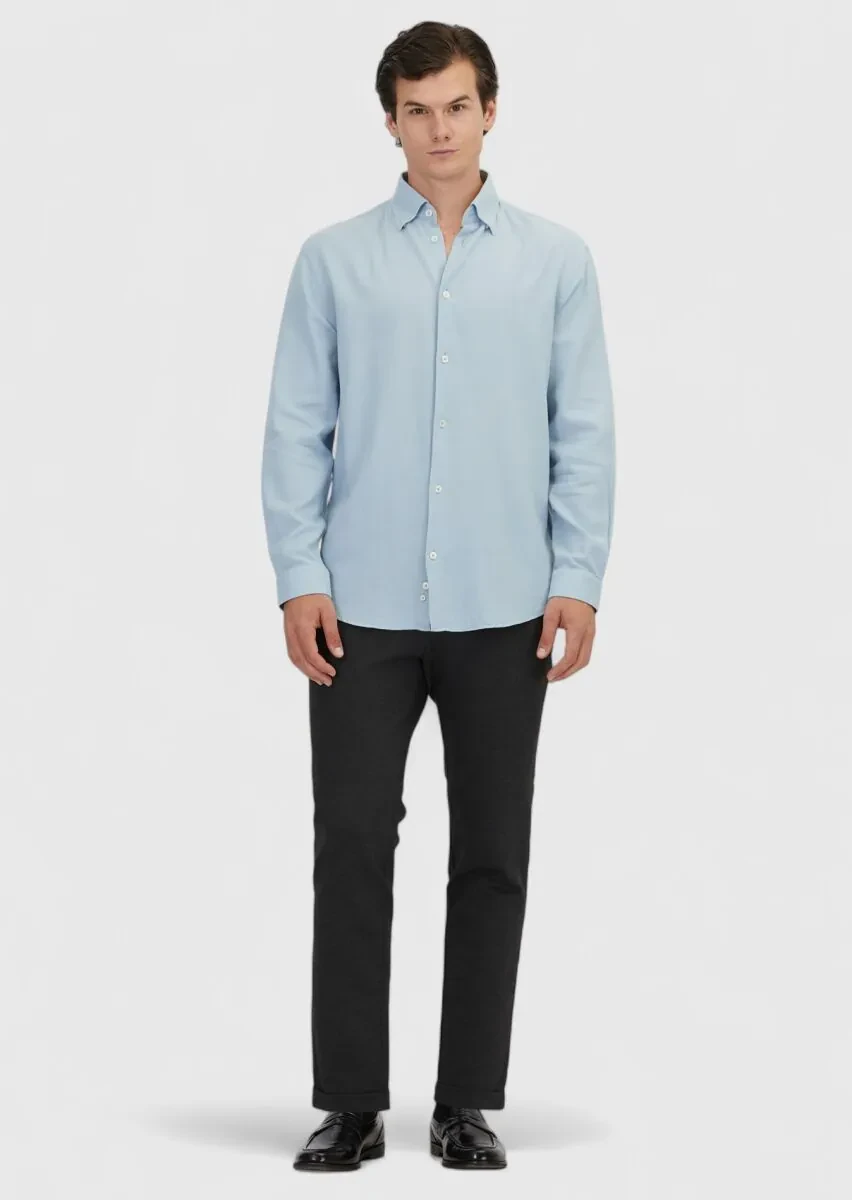 Blue Plain Loose Fit Weaving Casual Wool Blended Shirt - 2