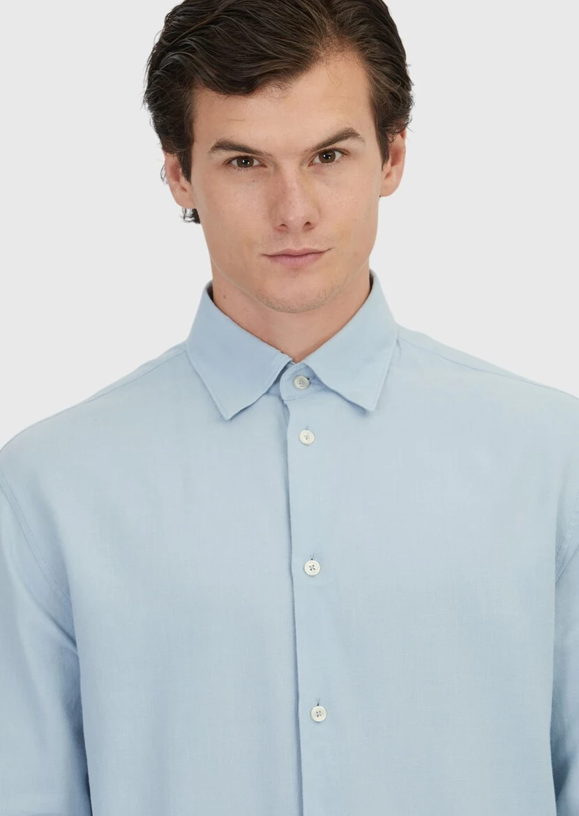 Blue Plain Loose Fit Weaving Casual Wool Blended Shirt - 3
