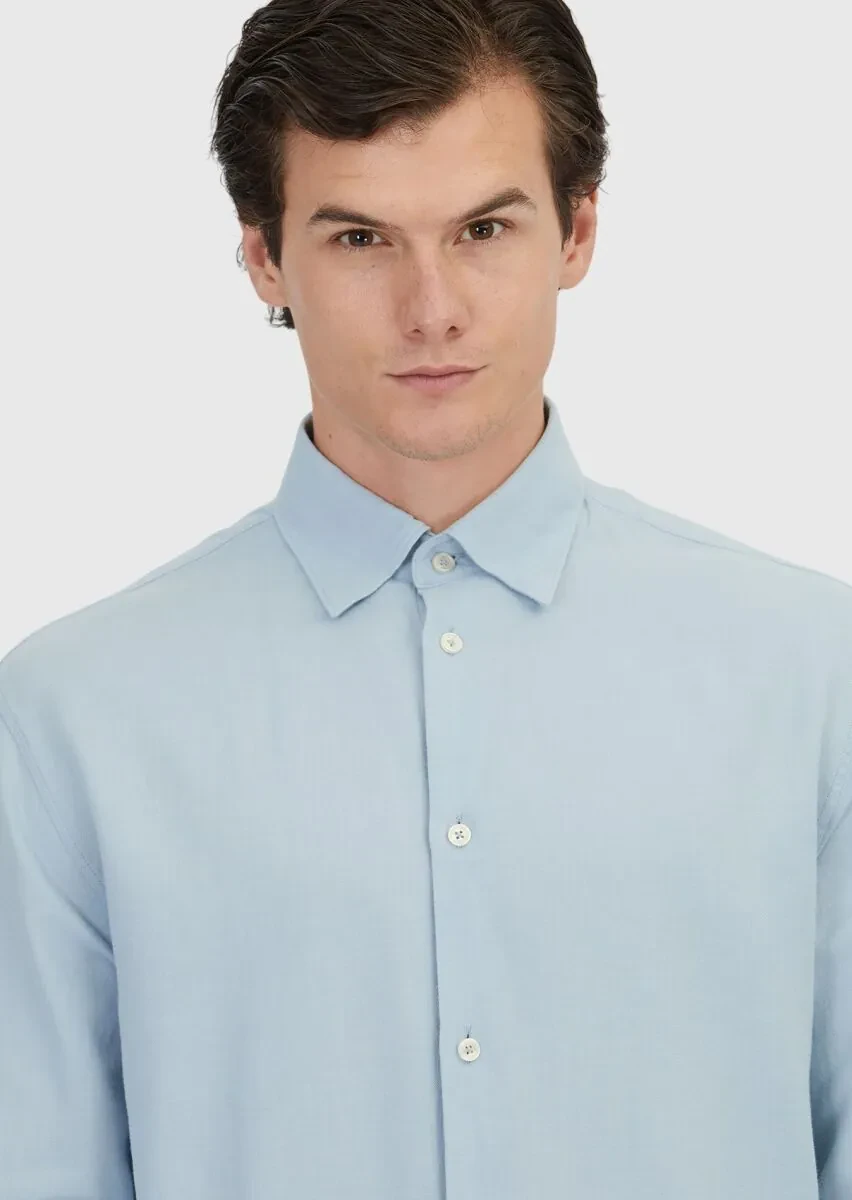 Blue Plain Loose Fit Weaving Casual Wool Blended Shirt - 3