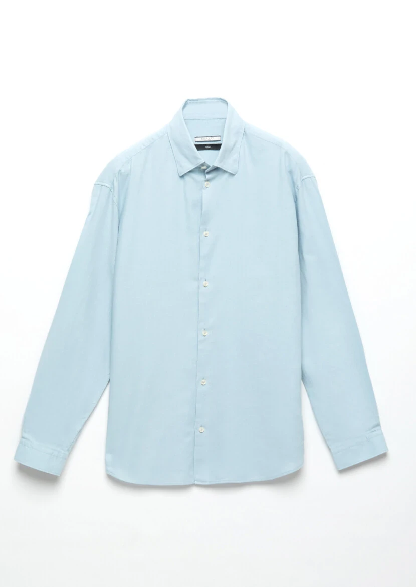 Blue Plain Loose Fit Weaving Casual Wool Blended Shirt - 6