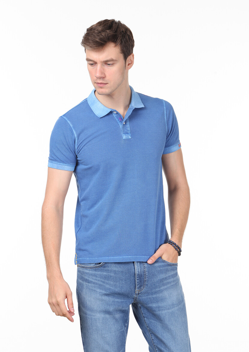 Blue Plain Polo Neck 100% Cotton T-Shirt - 1