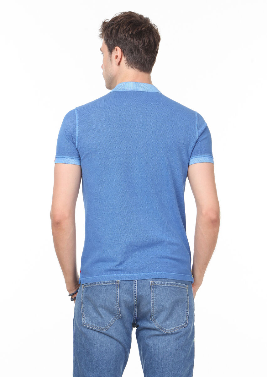 Blue Plain Polo Neck 100% Cotton T-Shirt - 4