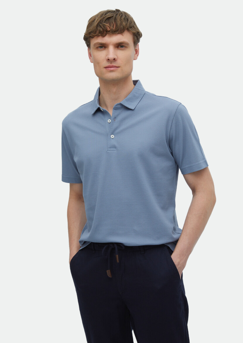 Blue Plain Polo Neck 100% Cotton T-Shirt 