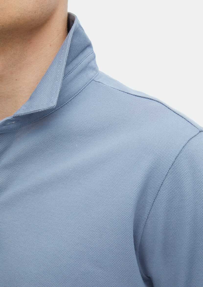 Blue Plain Polo Neck 100% Cotton T-Shirt - 3