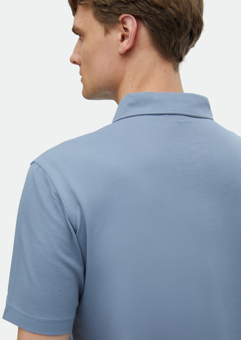 Blue Plain Polo Neck 100% Cotton T-Shirt - 4