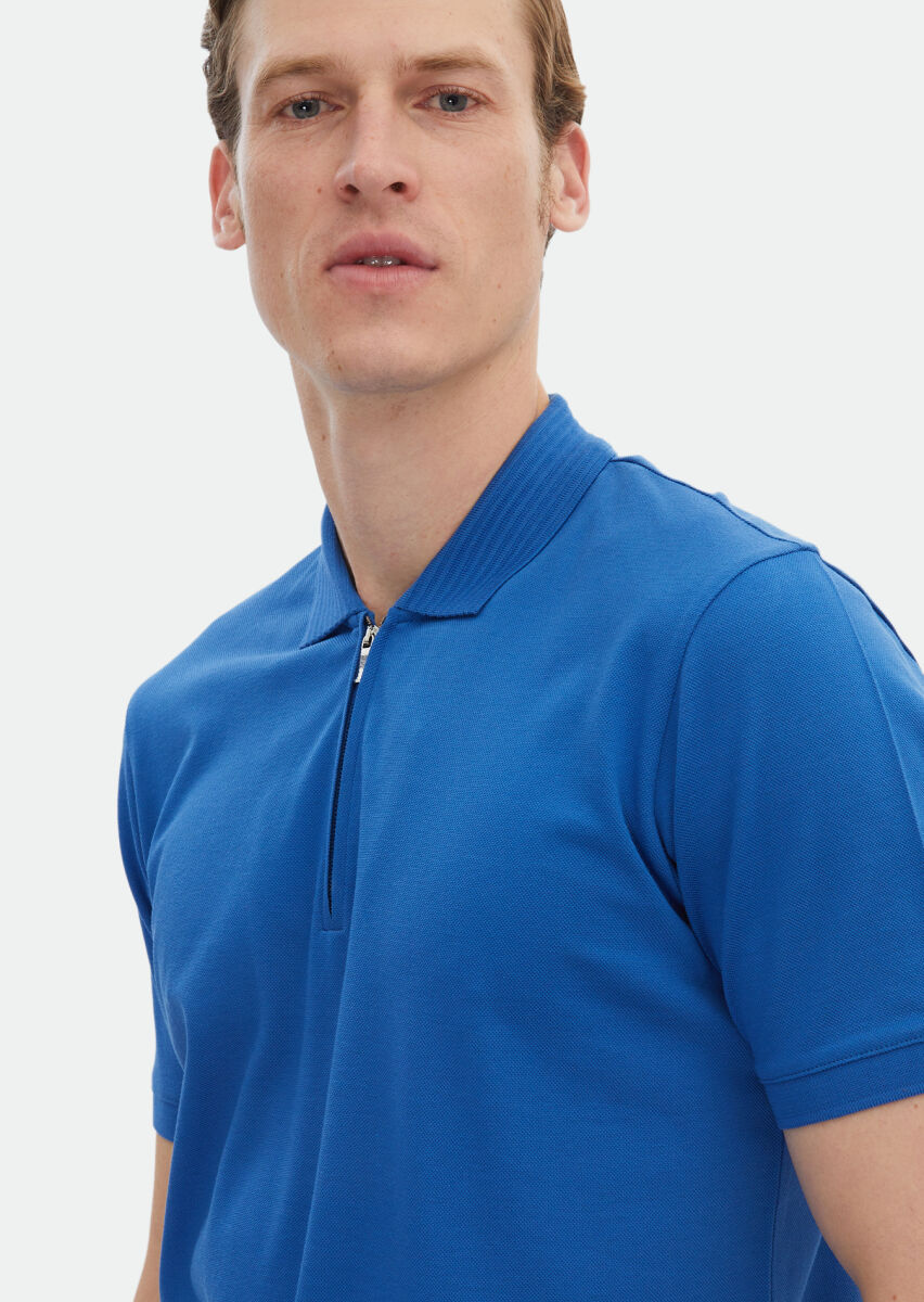 Blue Plain Polo Neck 100% Cotton T-Shirt - 4