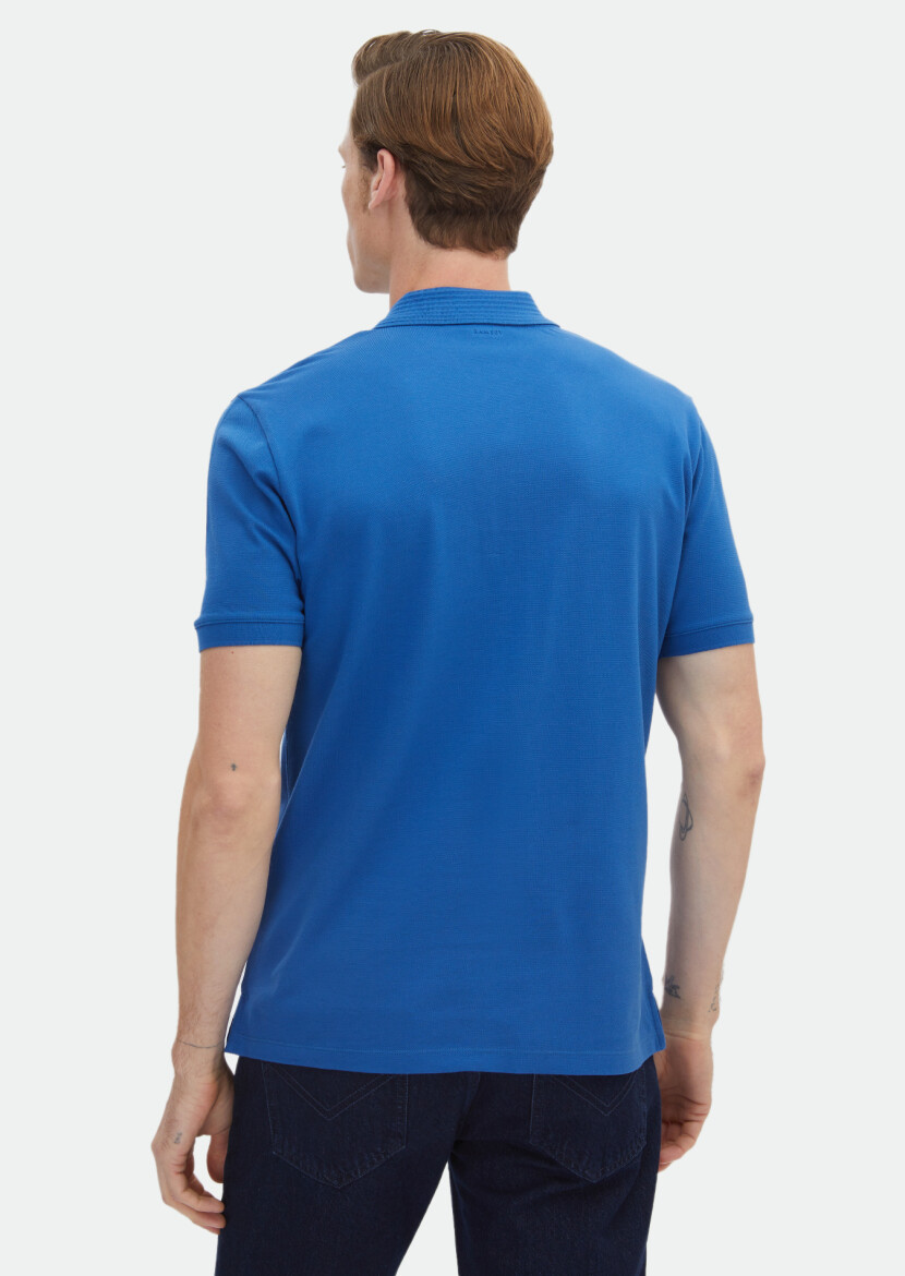Blue Plain Polo Neck 100% Cotton T-Shirt - 5