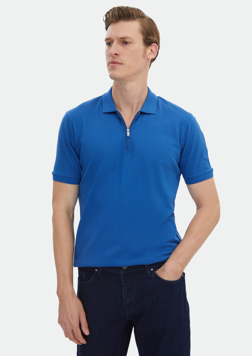 Blue Plain Polo Neck 100% Cotton T-Shirt - 1