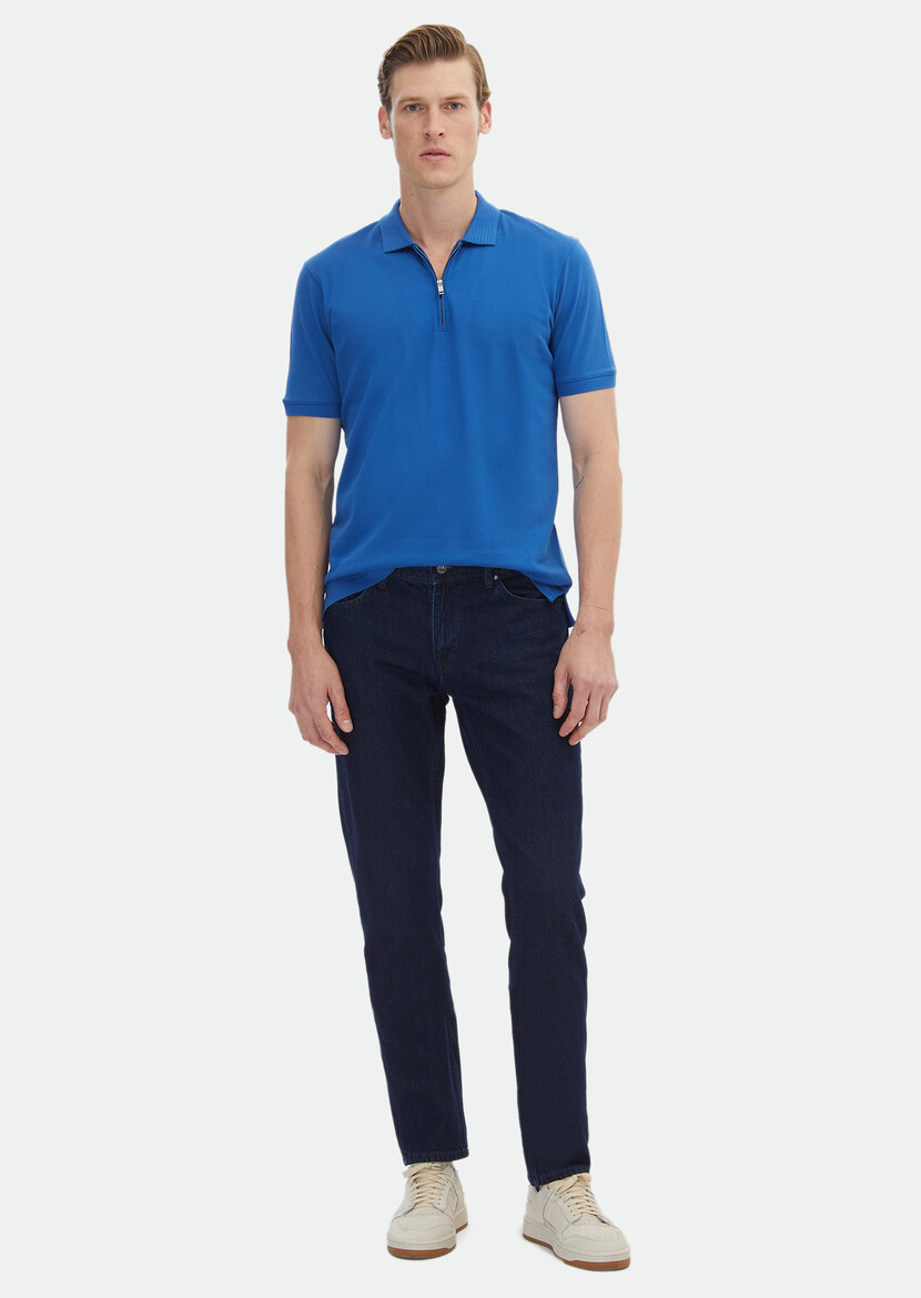 Blue Plain Polo Neck 100% Cotton T-Shirt - 2