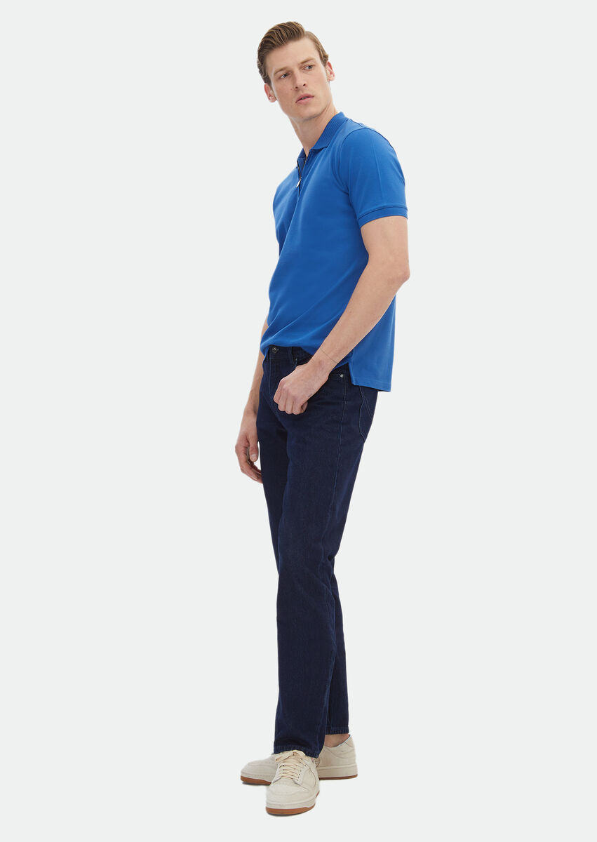 Blue Plain Polo Neck 100% Cotton T-Shirt - 3