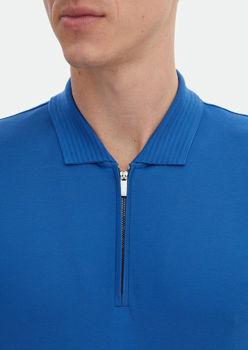 Blue Plain Polo Neck 100% Cotton T-Shirt - 4