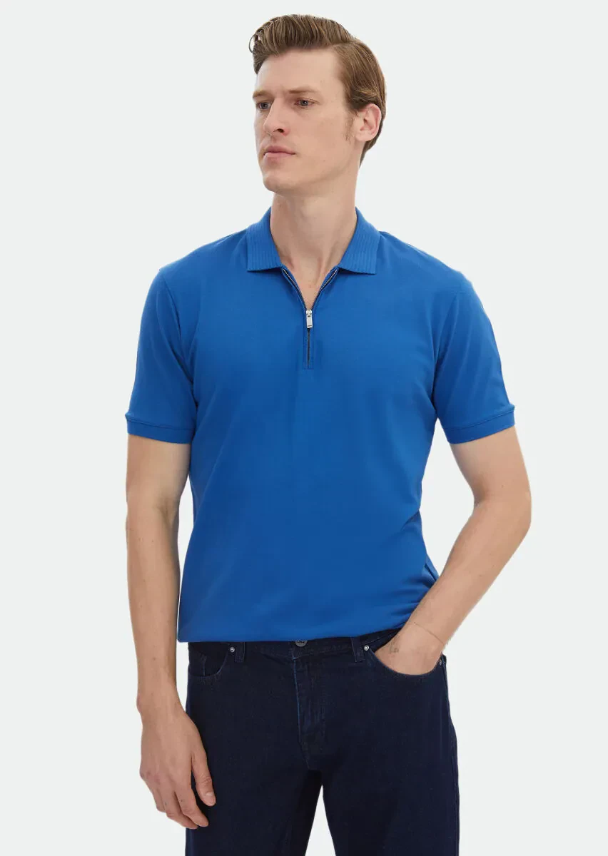 Blue Plain Polo Neck 100% Cotton T-Shirt - 1