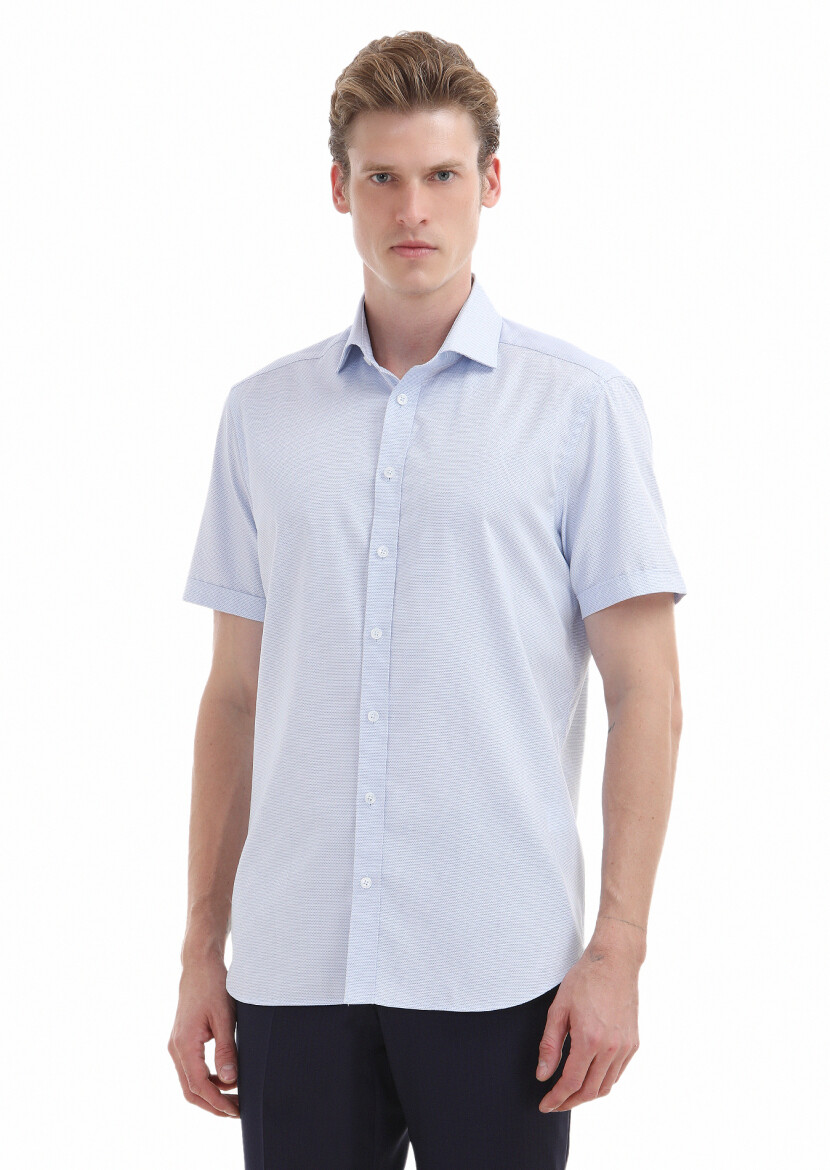 Blue Plain Regular Fit Antibacterial Short Weaving Classical 100% Cotton Shirt - 2