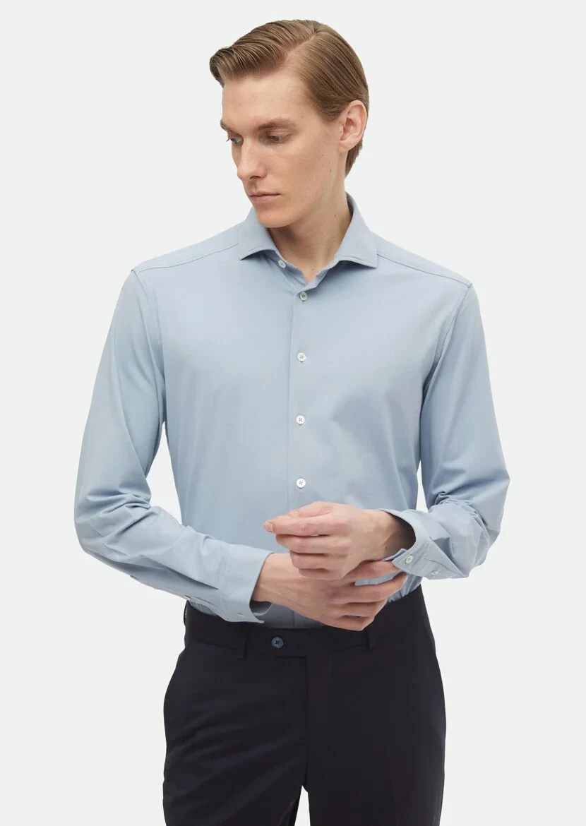 Blue Plain Regular Fit Knitting Casual Cotton Blended Shirt 