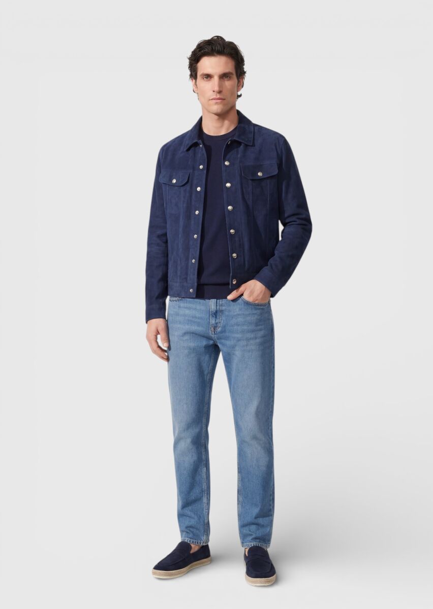 Blue Plain Regular Fit Leather Jacket - 1