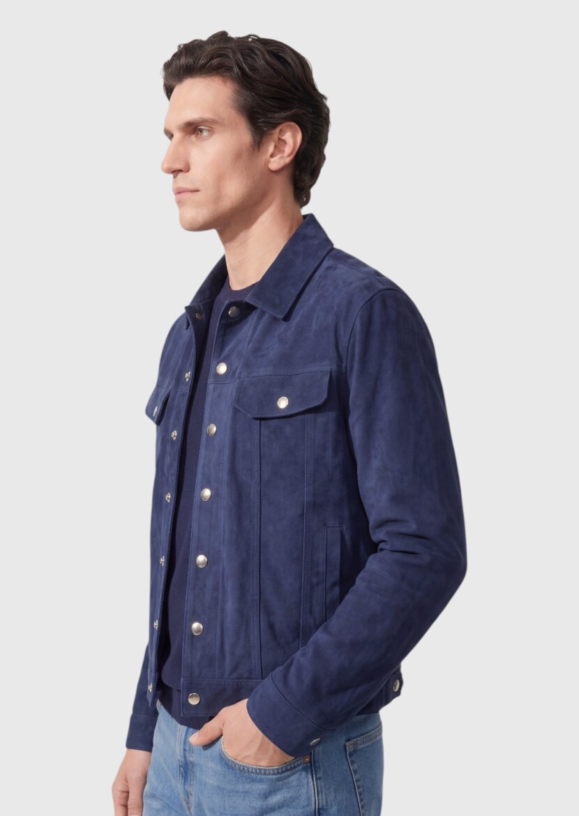 Blue Plain Regular Fit Leather Jacket - RAMSEY