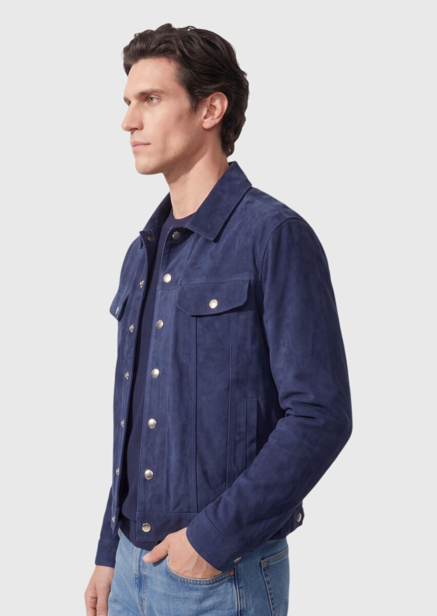 Blue Plain Regular Fit Leather Jacket - 2