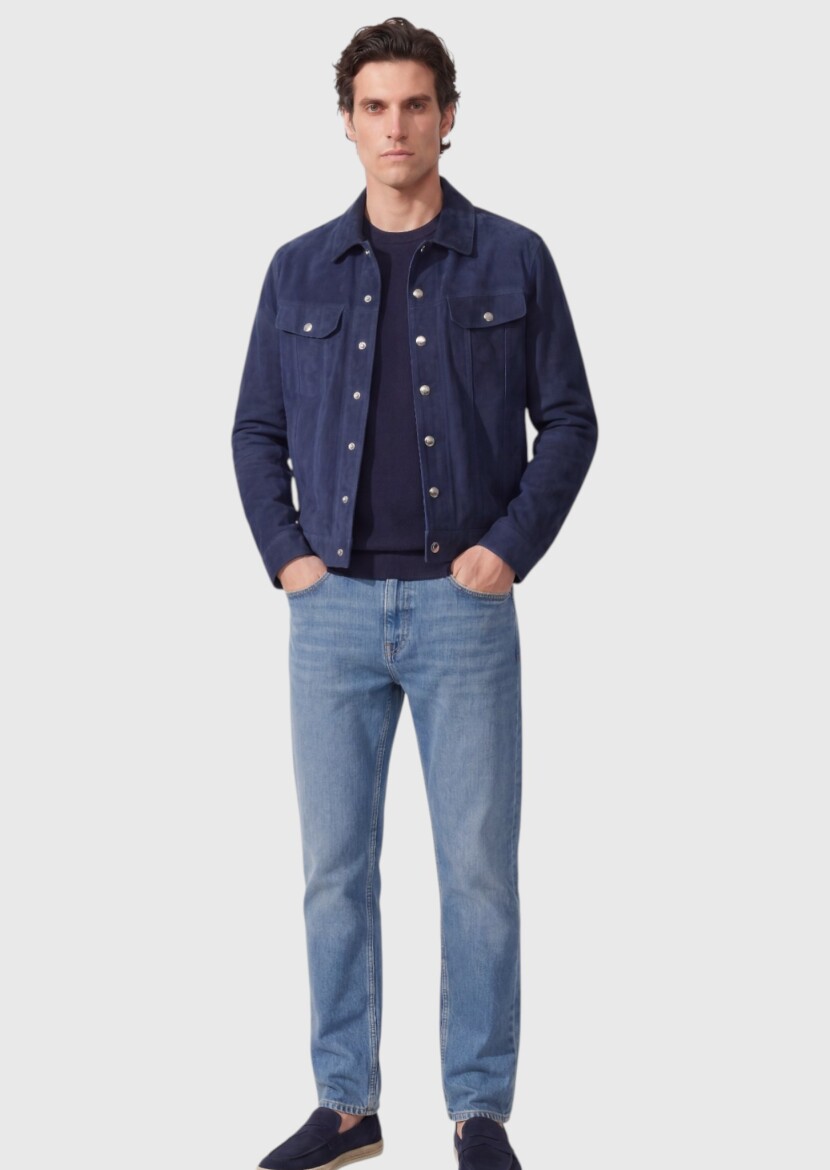 Blue Plain Regular Fit Leather Jacket - 3