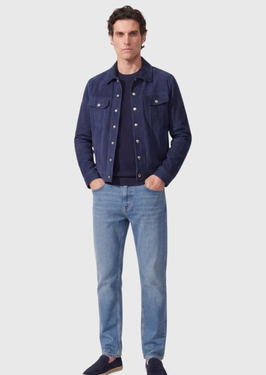 Blue Plain Regular Fit Leather Jacket - 3