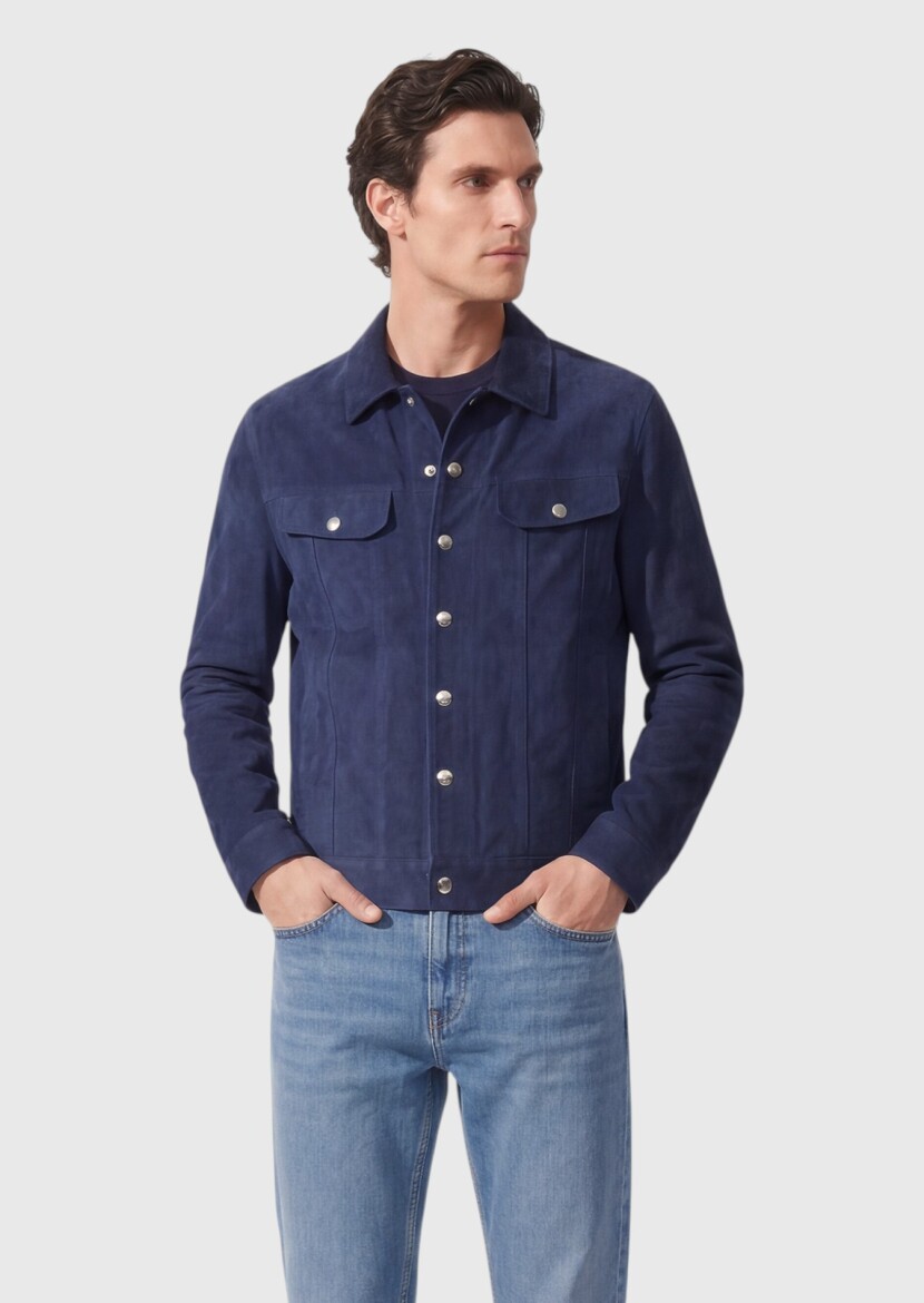 Blue Plain Regular Fit Leather Jacket - 4