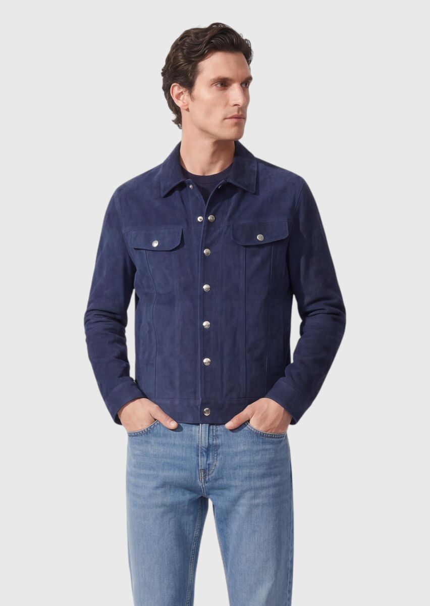 Blue Plain Regular Fit Leather Jacket - 4