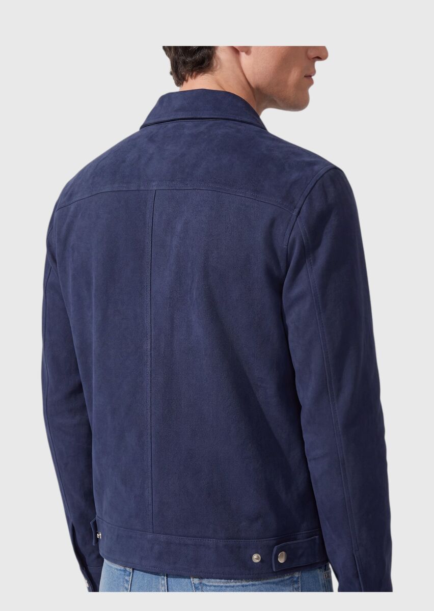 Blue Plain Regular Fit Leather Jacket - 5