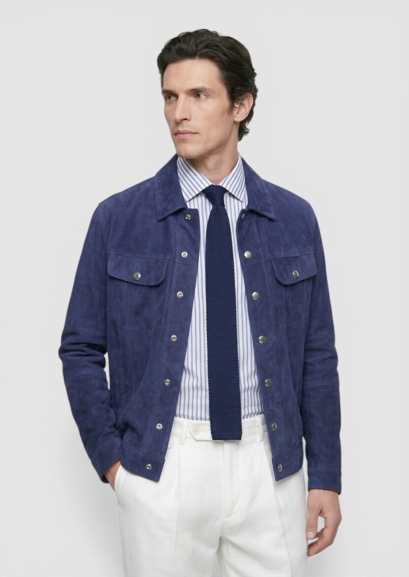 Blue Plain Regular Fit Leather Jacket - RAMSEY