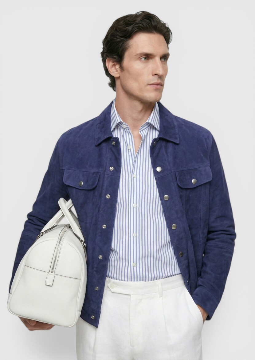 Blue Plain Regular Fit Leather Jacket - 3