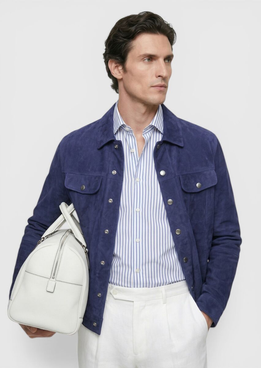 Blue Plain Regular Fit Leather Jacket - 3