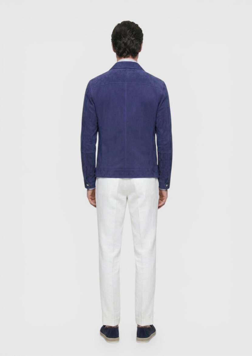 Blue Plain Regular Fit Leather Jacket - 4