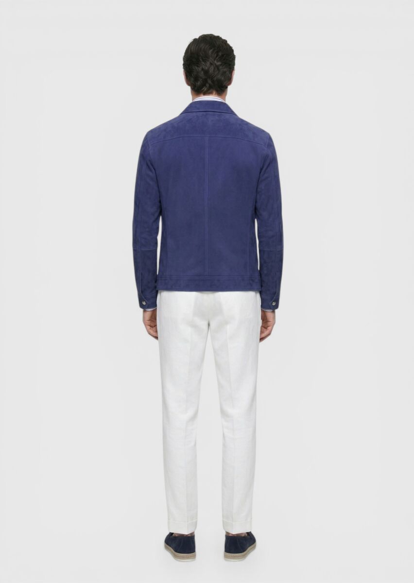 Blue Plain Regular Fit Leather Jacket - 4