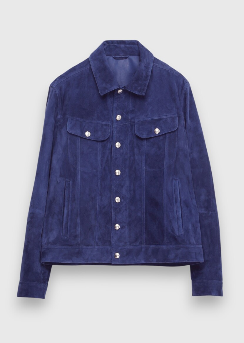 Blue Plain Regular Fit Leather Jacket - 5