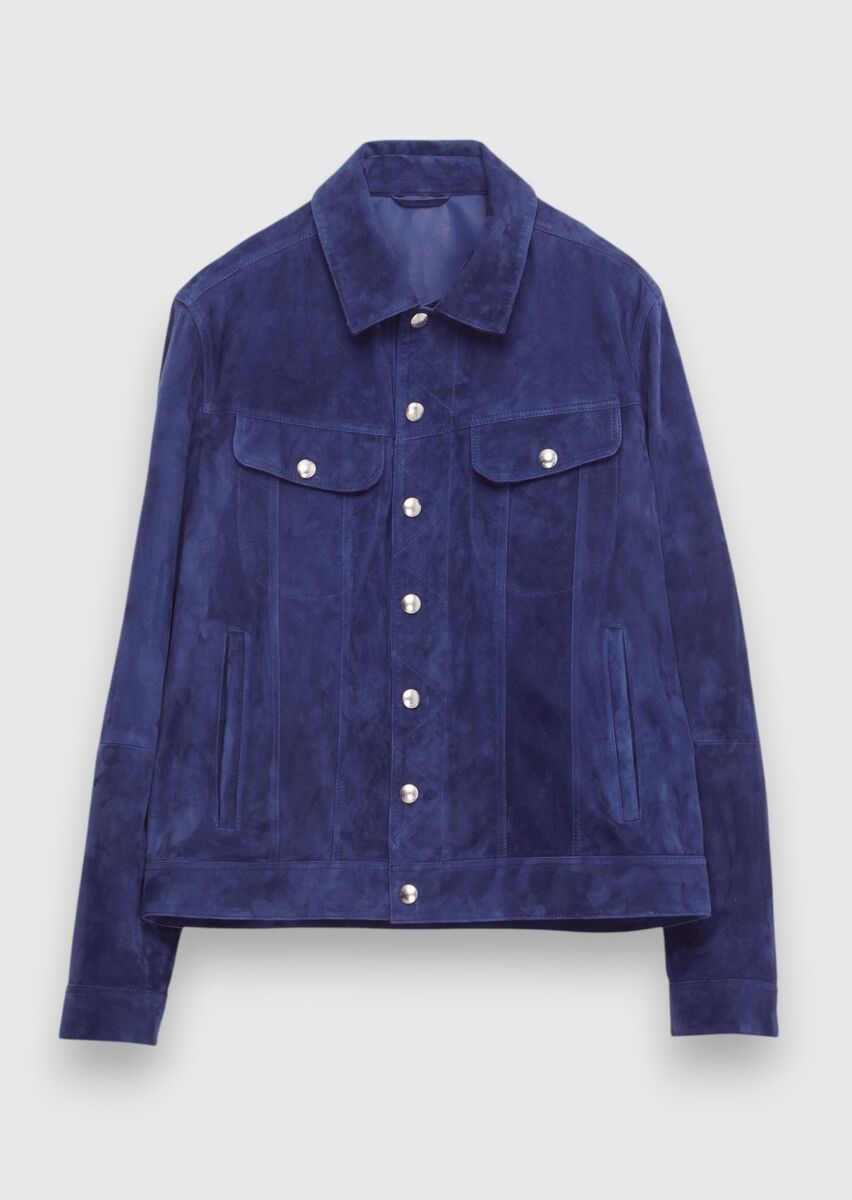 Blue Plain Regular Fit Leather Jacket - 5