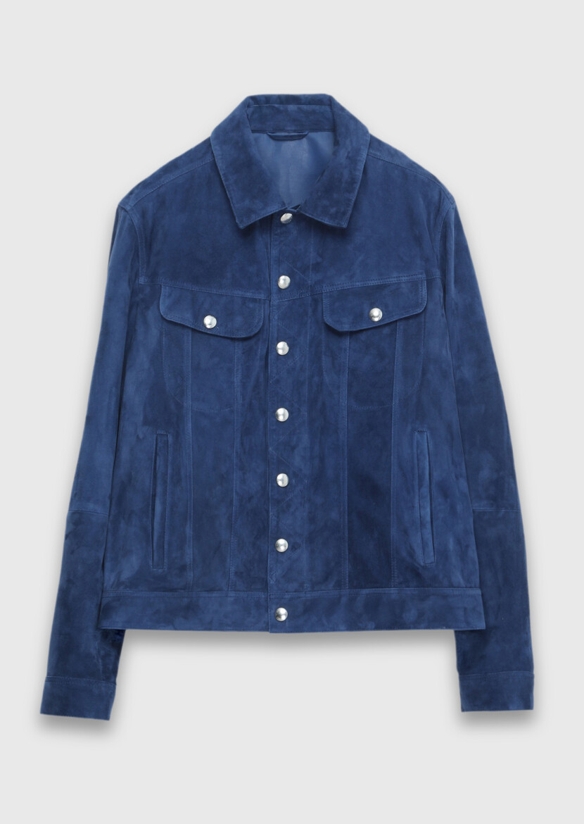 Blue Plain Regular Fit Leather Jacket - 6