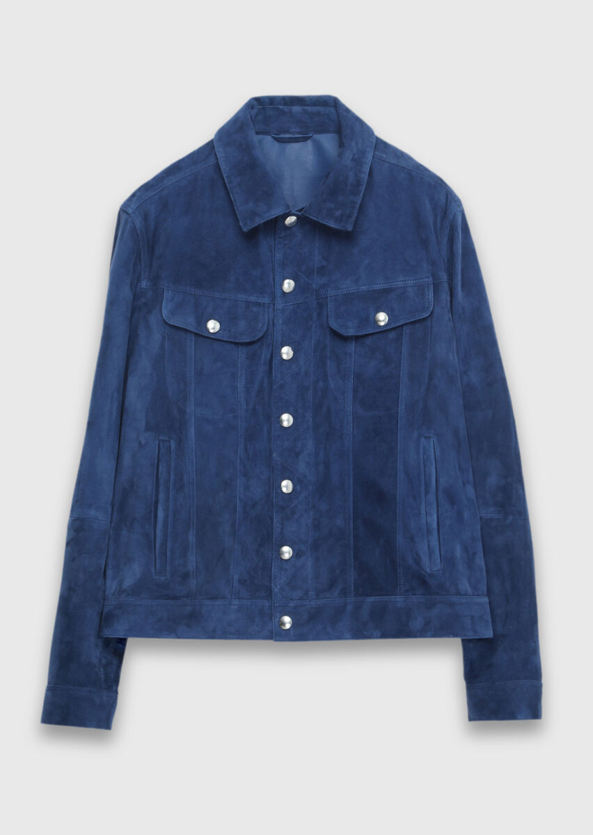 Blue Plain Regular Fit Leather Jacket - 6