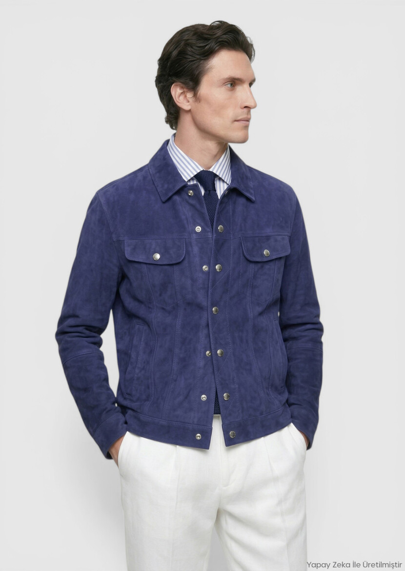 Blue Plain Regular Fit Leather Jacket - RAMSEY