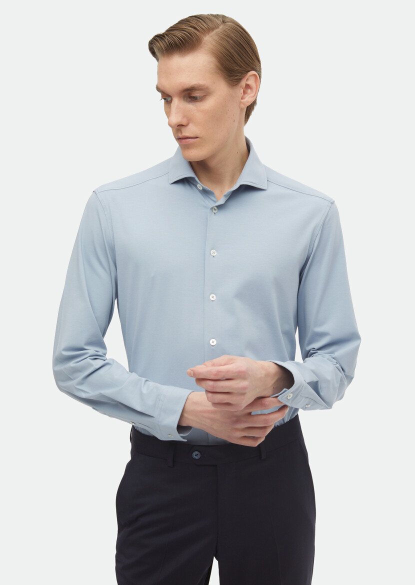 Blue Plain Regular Fit Long Knitting Casual Cotton Blended Shirt 