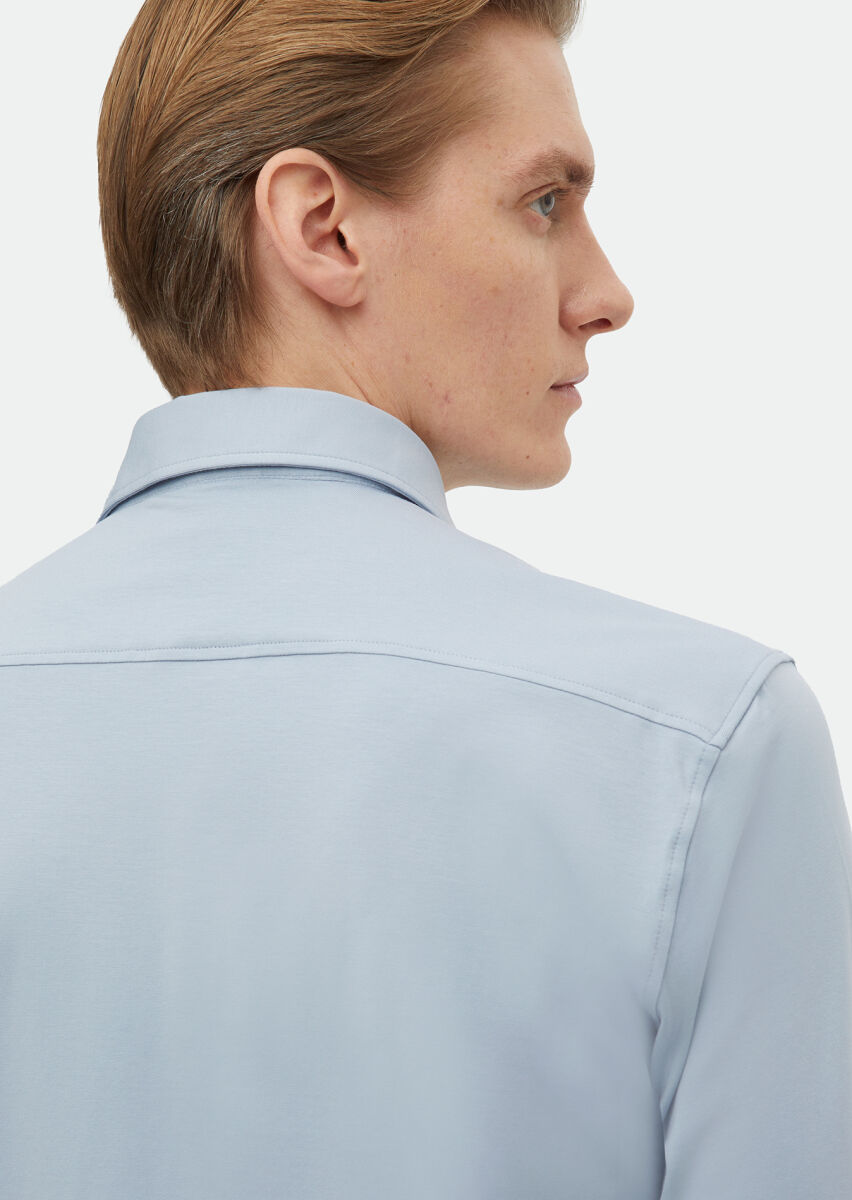 Blue Plain Regular Fit Long Knitting Casual Cotton Blended Shirt - 4