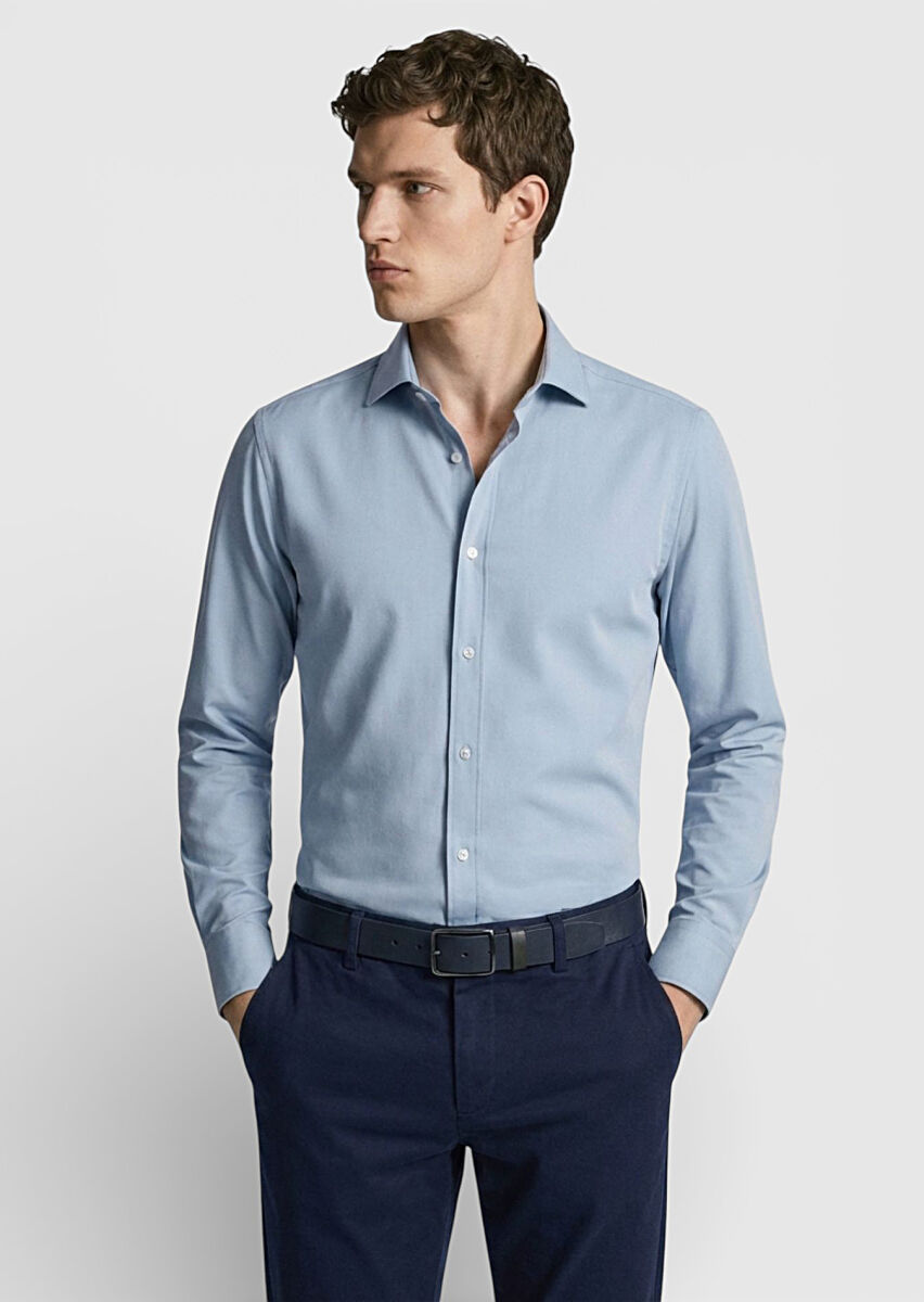 Blue Plain Regular Fit Long Knitting Classical Shirt - 1