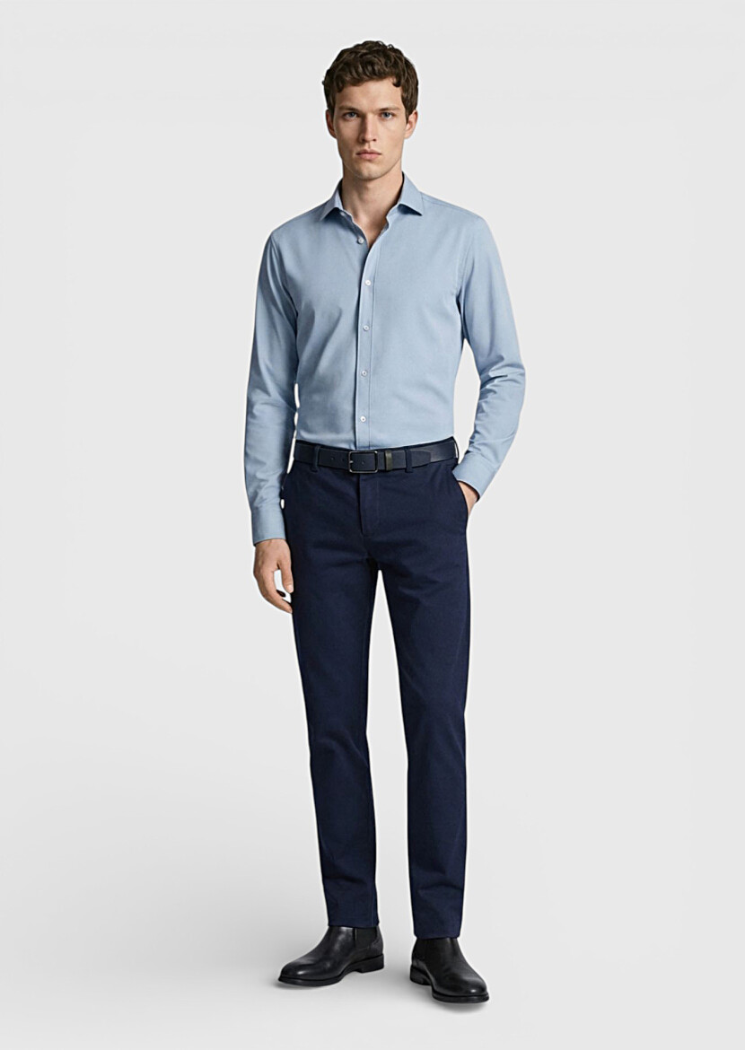 Blue Plain Regular Fit Long Knitting Classical Shirt - RAMSEY