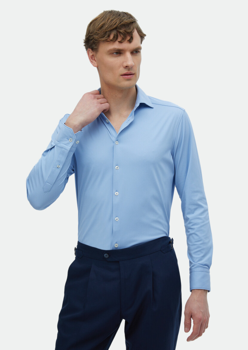 Blue Plain Regular Fit Long Knitting Classical Shirt - 1
