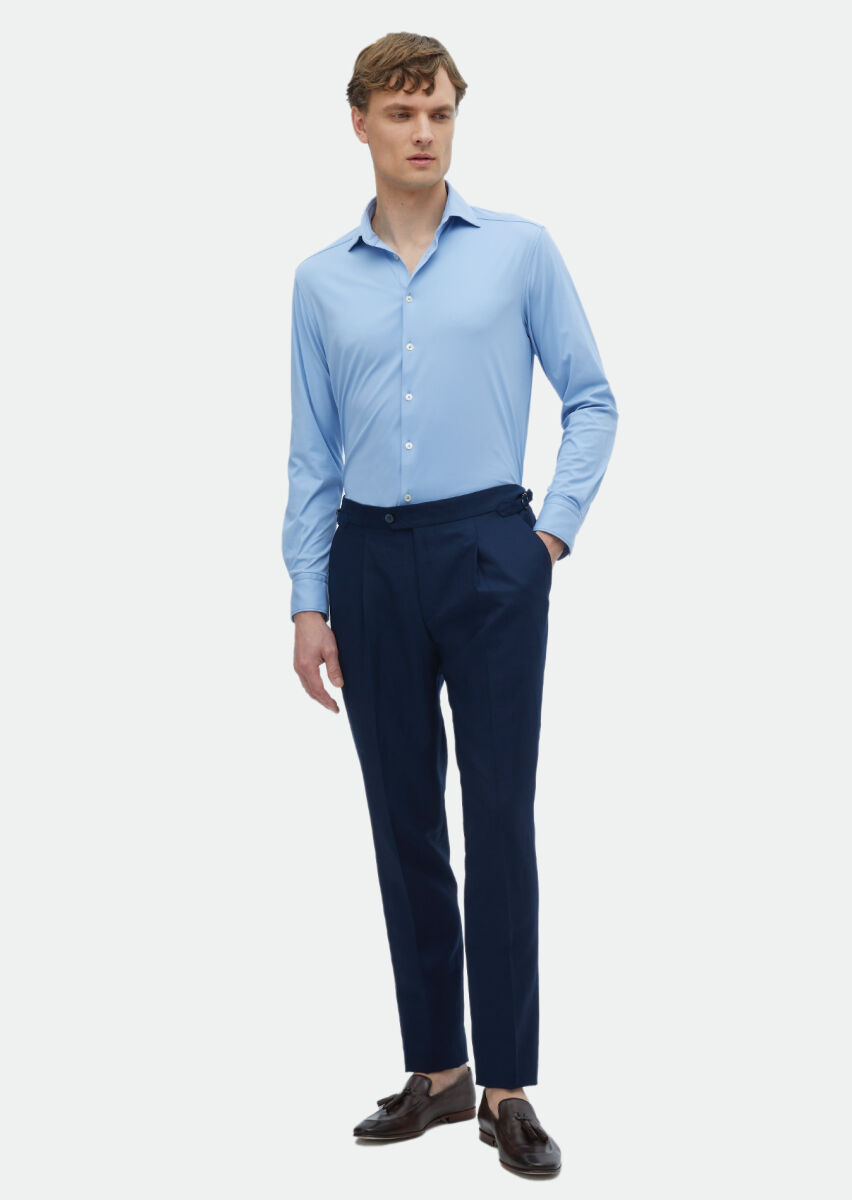 Blue Plain Regular Fit Long Knitting Classical Shirt - 2
