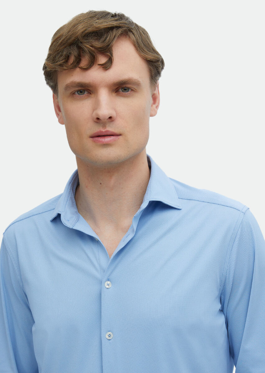 Blue Plain Regular Fit Long Knitting Classical Shirt - 3