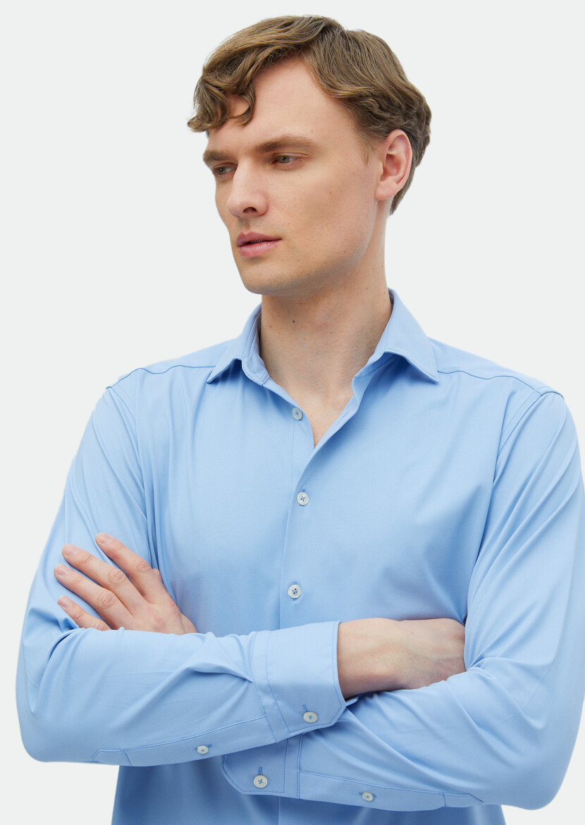 Blue Plain Regular Fit Long Knitting Classical Shirt - 4