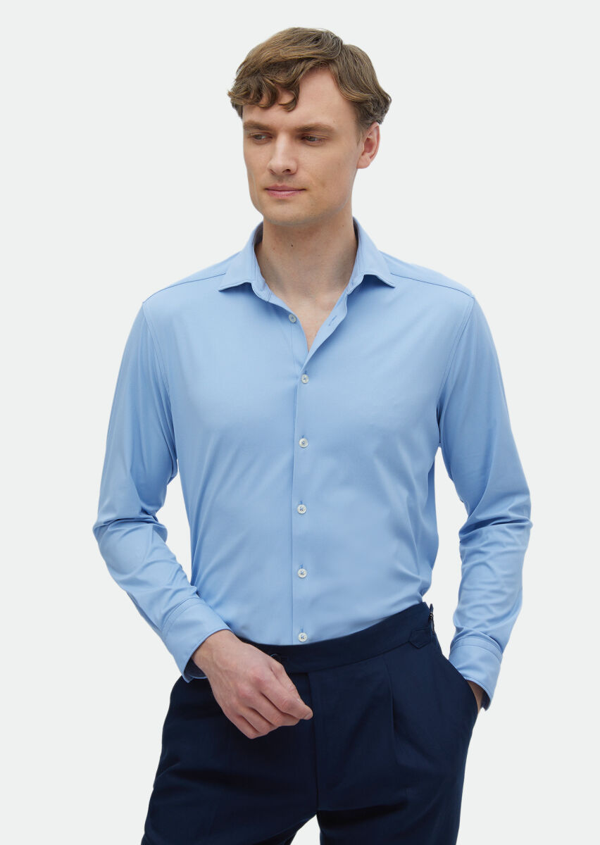Blue Plain Regular Fit Long Knitting Classical Shirt - 5