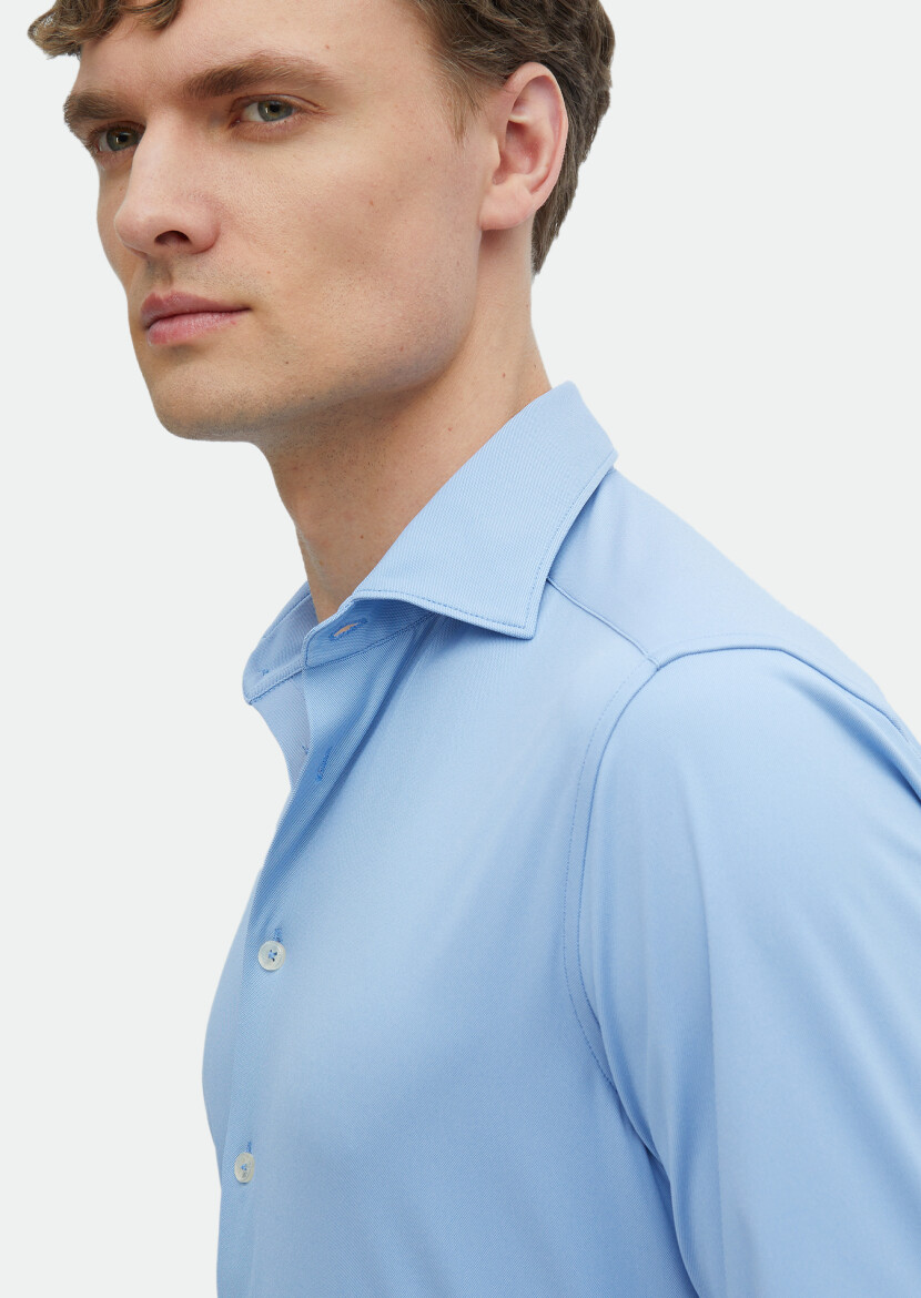 Blue Plain Regular Fit Long Knitting Classical Shirt - 6