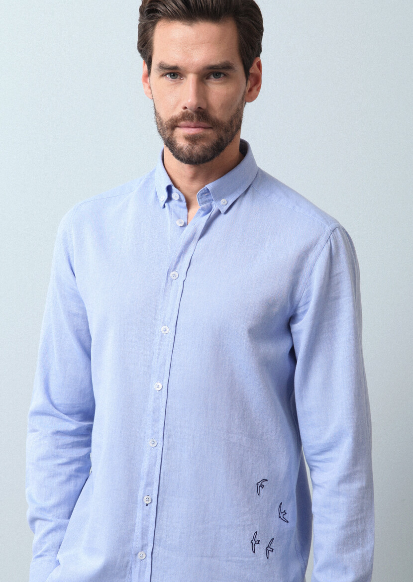 Blue Plain Regular Fit Long Weaving Casual 100% Cotton Shirt - 2