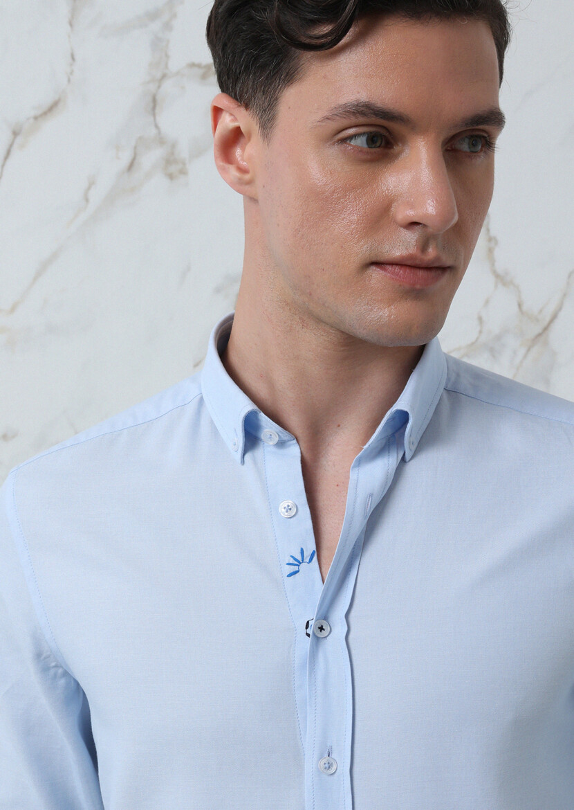 Blue Plain Regular Fit Long Weaving Casual 100% Cotton Shirt 